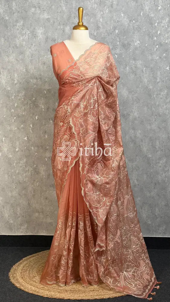 SEMI ORGANZA EMBROIDERY SAREE - DUSTY ROSE PEACH