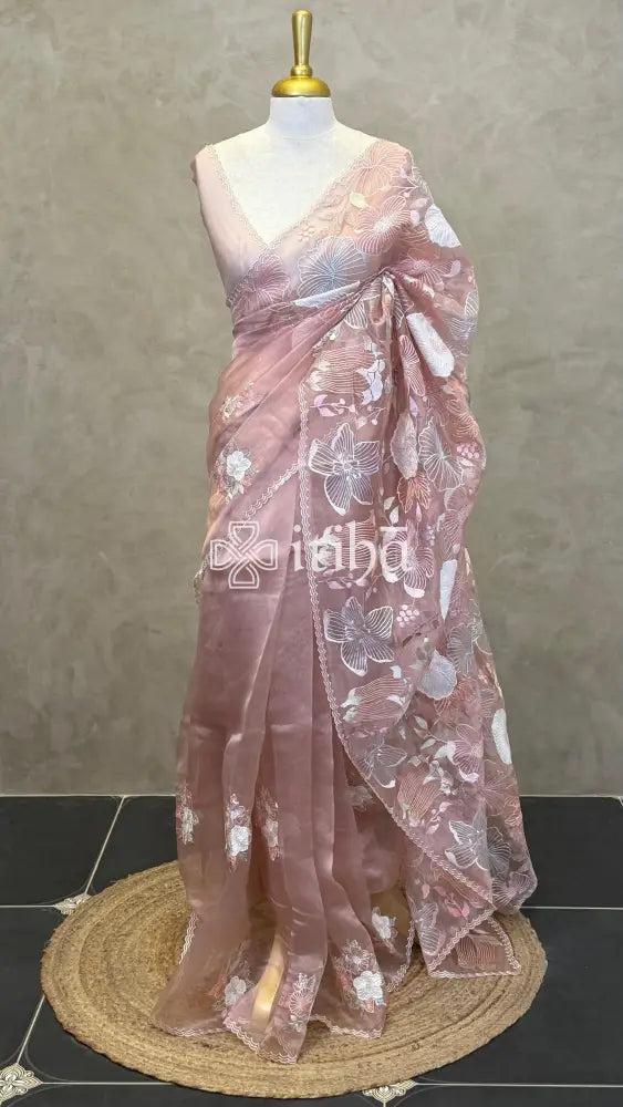 SEMI ORGANZA EMBROIDERY SAREE - PASTEL PEACH