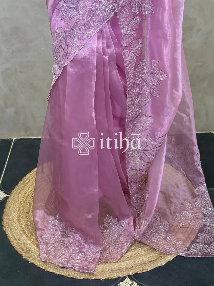 SEMI ORGANZA EMBROIDERY SAREE - PASTEL PINK