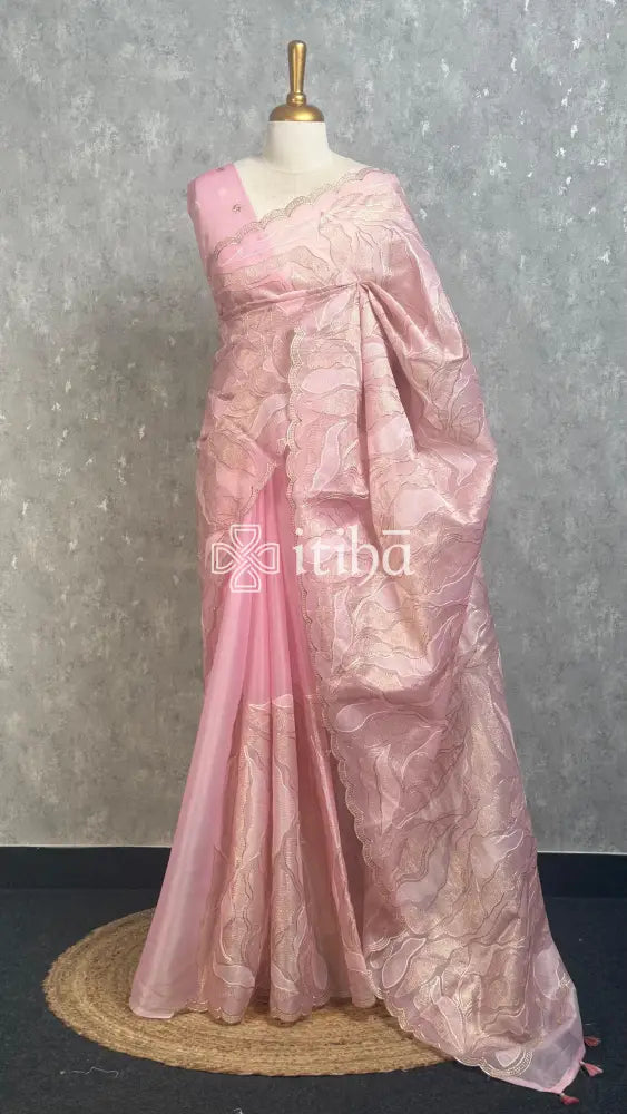 SEMI ORGANZA EMBROIDERY SAREE - PASTEL PINK