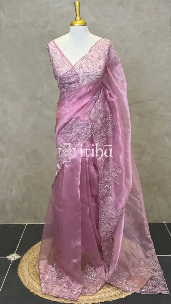 SEMI ORGANZA EMBROIDERY SAREE - PASTEL PINK