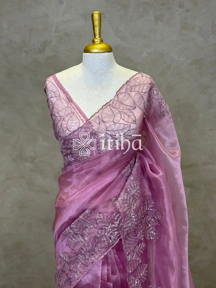 SEMI ORGANZA EMBROIDERY SAREE - PASTEL PINK