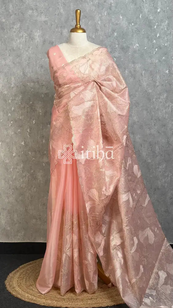 SEMI ORGANZA EMBROIDERY SAREE - PEACH PINK