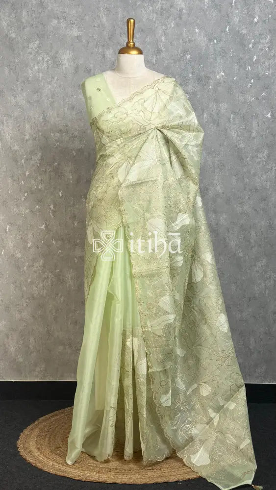 SEMI ORGANZA EMBROIDERY SAREE - PISTA GREEN