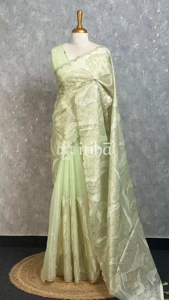 SEMI ORGANZA EMBROIDERY SAREE - PISTA GREEN
