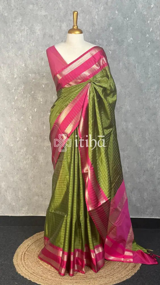 SEMI SILK BANARASI SAREE - olive green