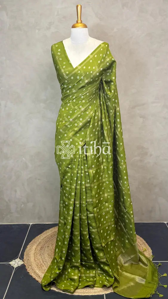 SEMI SILK CHARCHOLA BHANDHINI SAREE - olive green