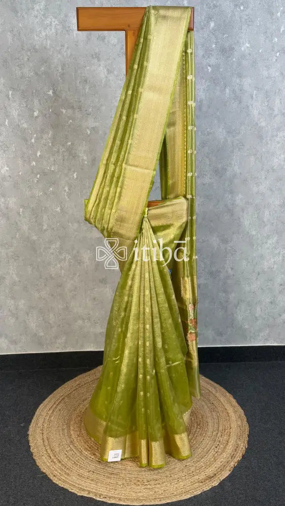 SEMI TISSUE BANARASI SAREE - olive green