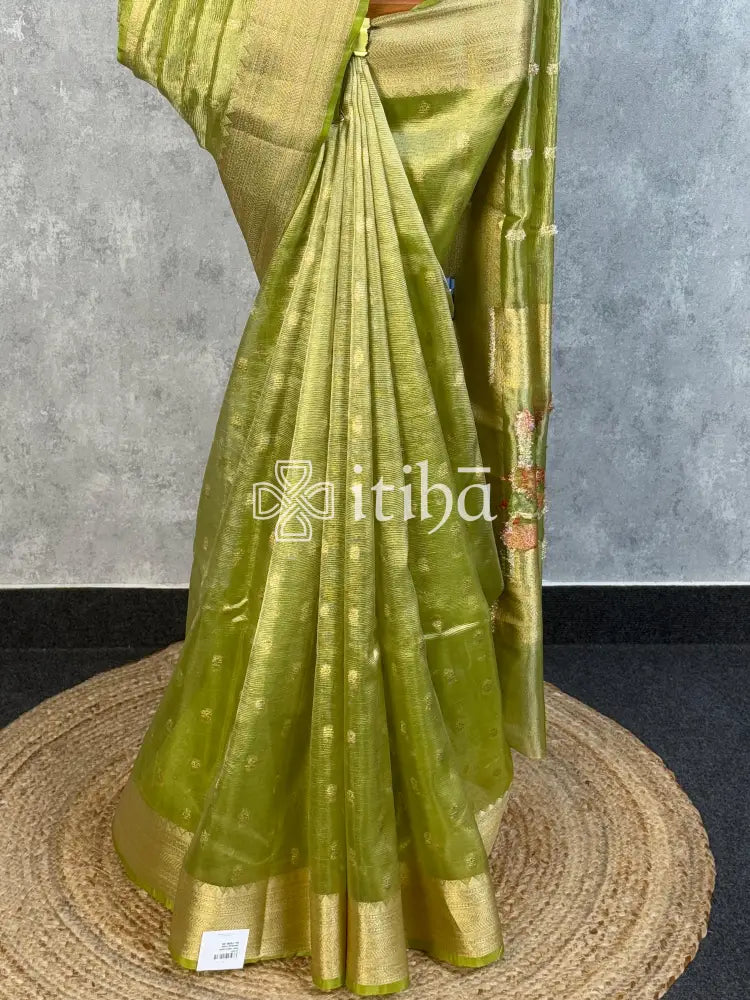 SEMI TISSUE BANARASI SAREE - olive green