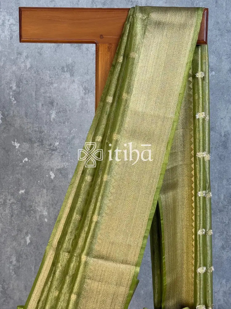 SEMI TISSUE BANARASI SAREE - olive green