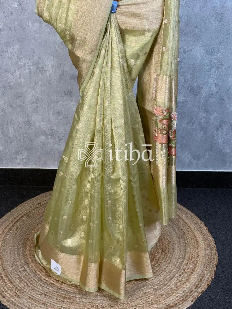 SEMI TISSUE BANARASI SAREE - PISTA GREEN