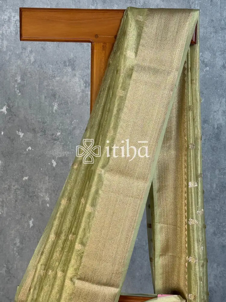 SEMI TISSUE BANARASI SAREE - PISTA GREEN