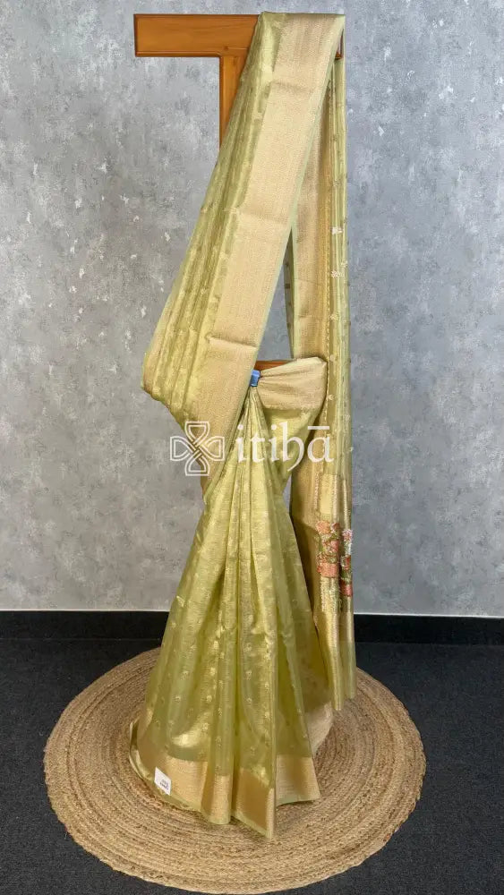 SEMI TISSUE BANARASI SAREE - PISTA GREEN