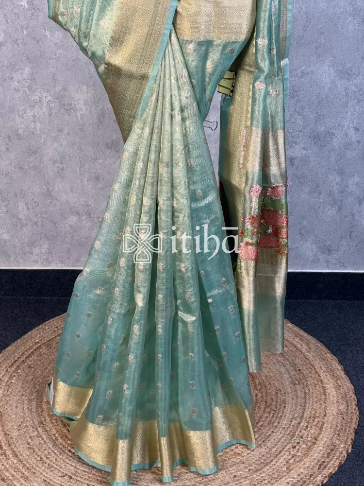 SEMI TISSUE BANARASI SAREE - SEA GREEN