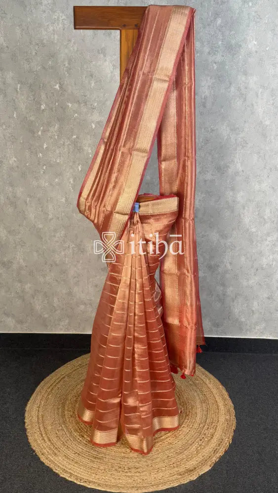 SEMI TISSUE ORGANZA BANARASI SAREE - BURNT ORANGE