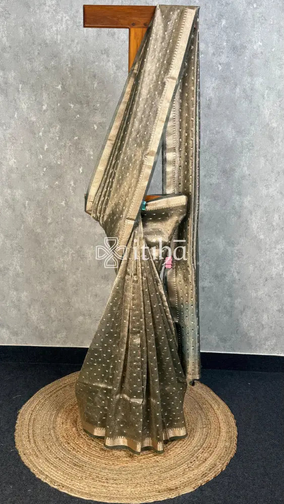SEMI TISSUE ORGANZA BANARASI SAREE - DEEP OLIVE GREEN