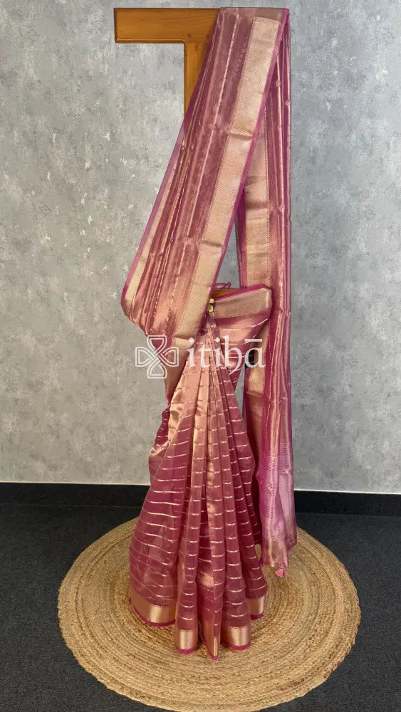 SEMI TISSUE ORGANZA BANARASI SAREE - DEEP ROSE PINK