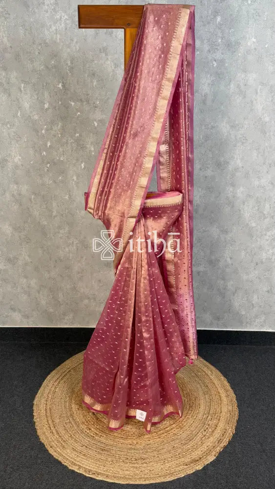 SEMI TISSUE ORGANZA BANARASI SAREE - DUSTY ROSE PINK