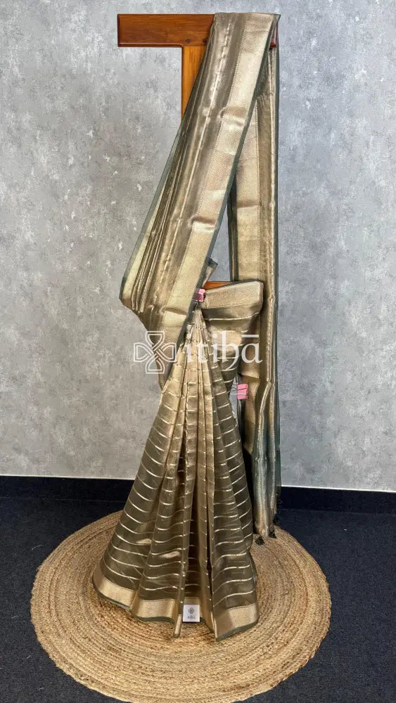 SEMI TISSUE ORGANZA BANARASI SAREE - METALLIC OLIVE GREY