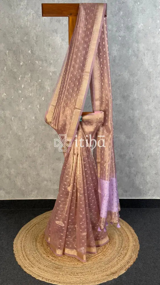 SEMI TISSUE ORGANZA BANARASI SAREE - MUTED ROSEWOOD
