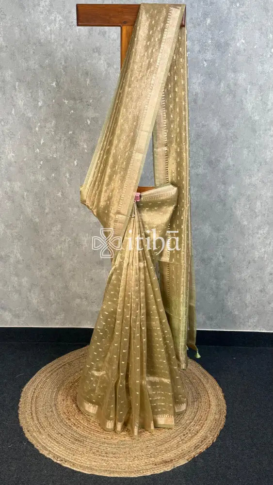 SEMI TISSUE ORGANZA BANARASI SAREE - OLIVE GOLD