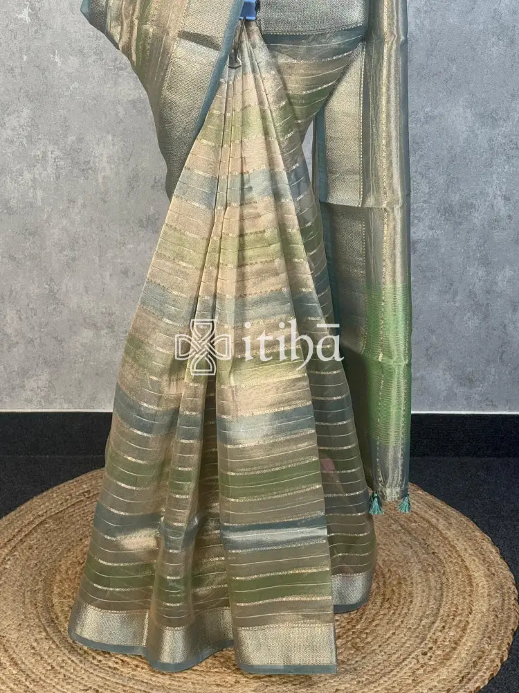 SEMI TISSUE ORGANZA SHADED BANARASI SAREE - eucalyptus green