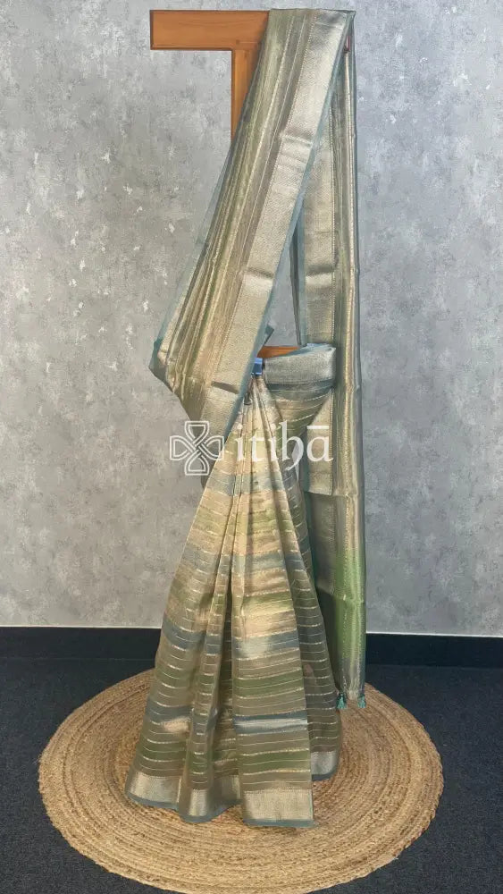 SEMI TISSUE ORGANZA SHADED BANARASI SAREE - eucalyptus green