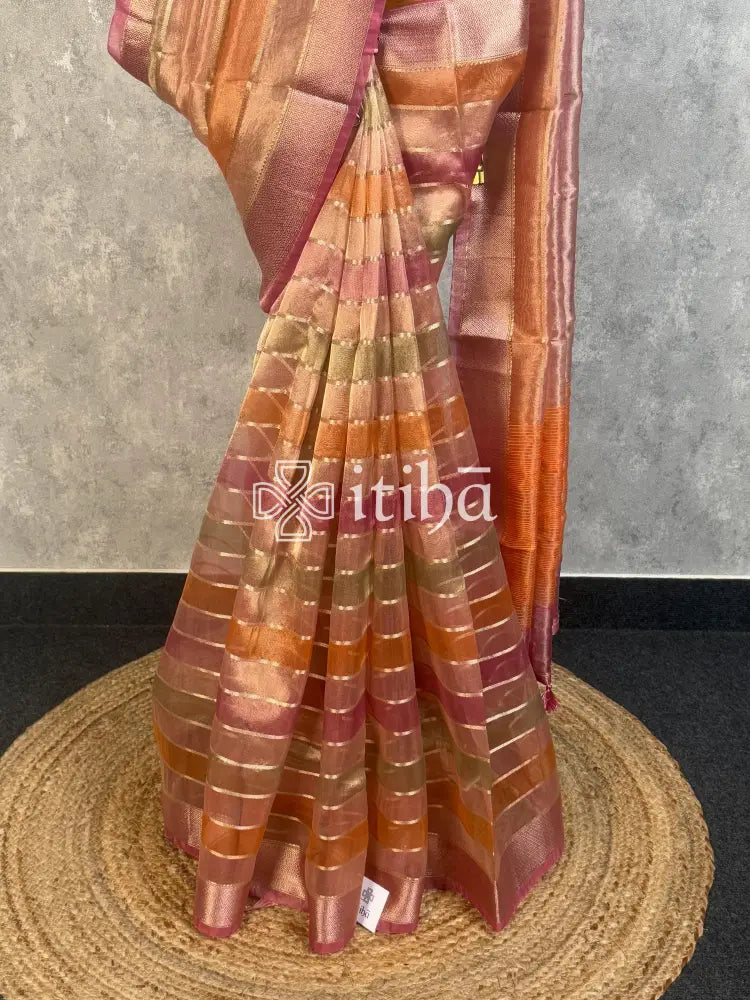 SEMI TISSUE ORGANZA SHADED BANARASI SAREE - PEACH PINK
