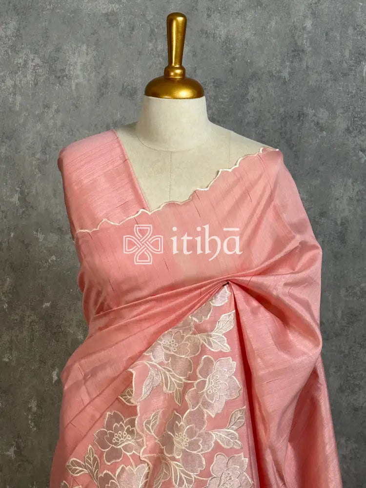 SEMI TUSSAR APPLIQUE EMBROIDERY SAREE