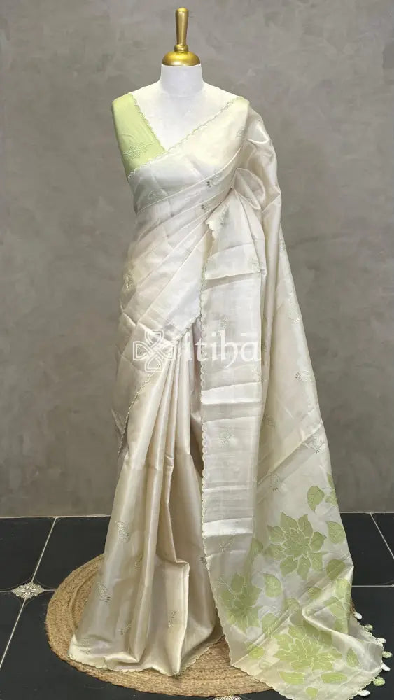 SEMI TUSSAR APPLIQUE EMBROIDERY SAREE