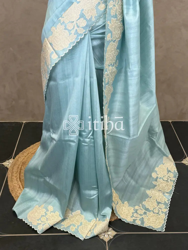 SEMI TUSSAR APPLIQUE EMBROIDERY SAREE