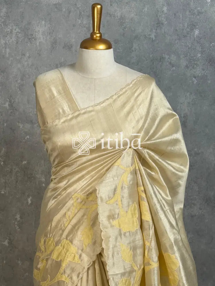 SEMI TUSSAR APPLIQUE EMBROIDERY SAREE