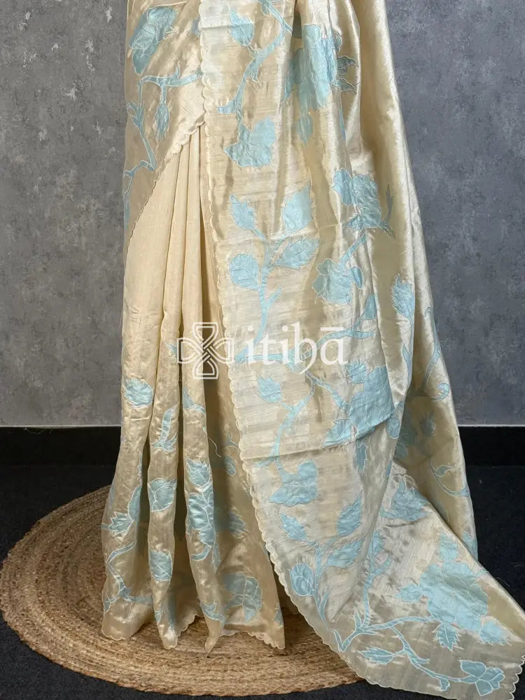 SEMI TUSSAR APPLIQUE EMBROIDERY SAREE