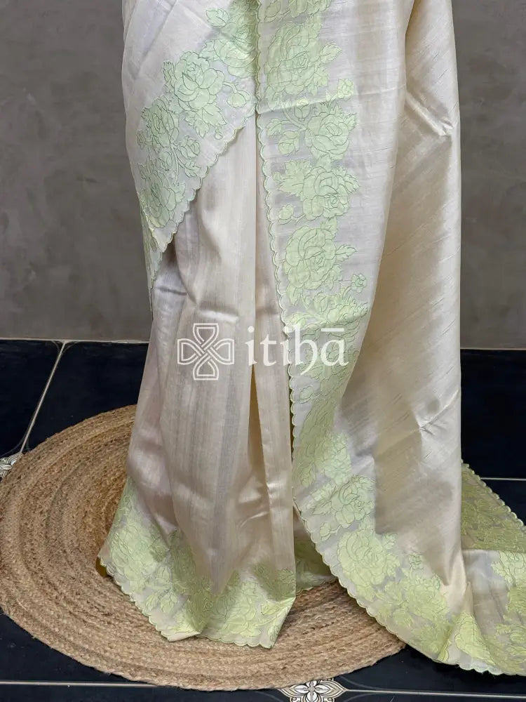 SEMI TUSSAR APPLIQUE EMBROIDERY SAREE