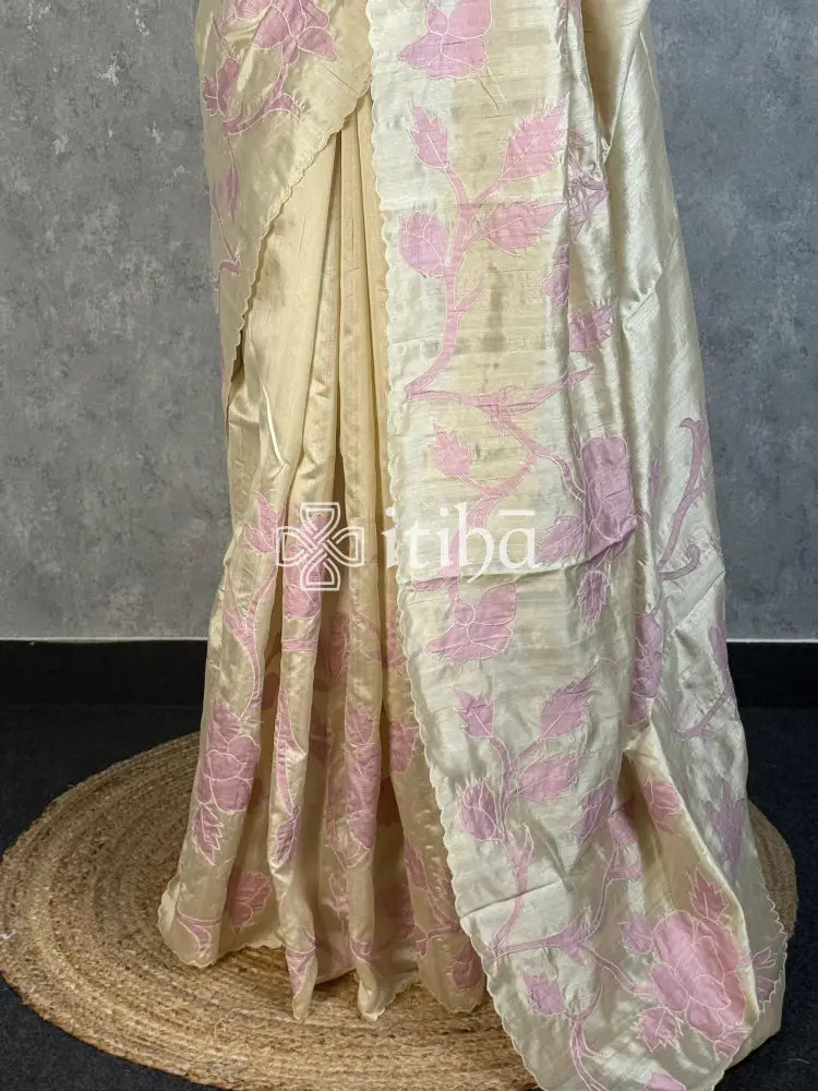 SEMI TUSSAR APPLIQUE EMBROIDERY SAREE