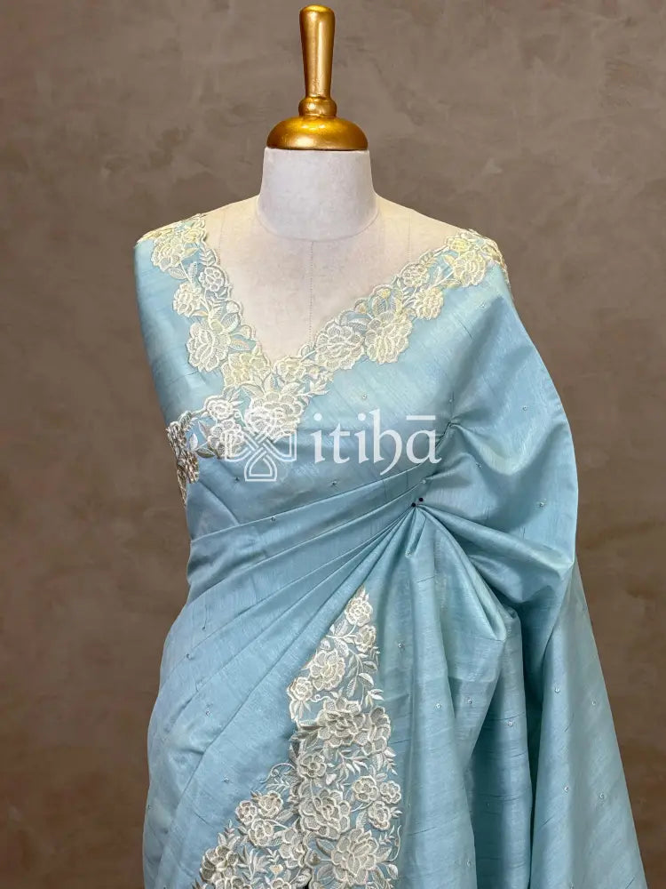 SEMI TUSSAR APPLIQUE EMBROIDERY SAREE