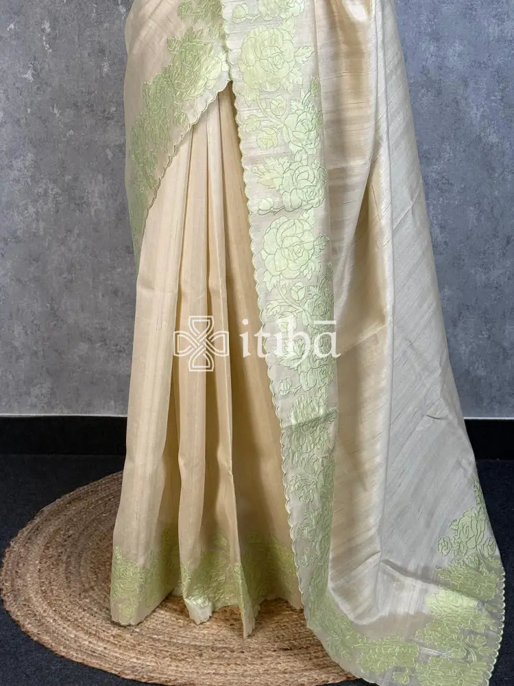 SEMI TUSSAR APPLIQUE EMBROIDERY SAREE