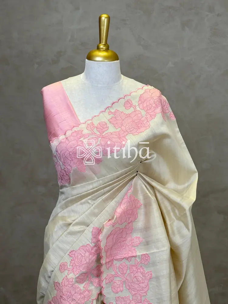 SEMI TUSSAR APPLIQUE EMBROIDERY SAREE