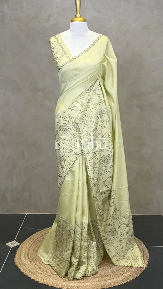 SEMI TUSSAR APPLIQUE EMBROIDERY SAREE