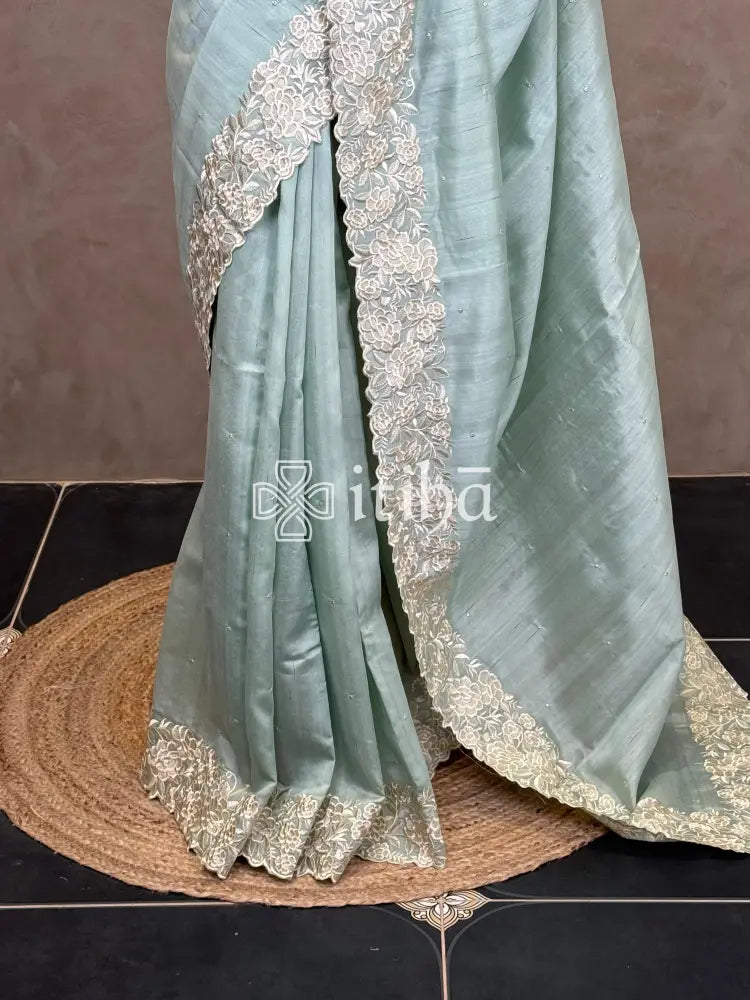 SEMI TUSSAR APPLIQUE EMBROIDERY SAREE
