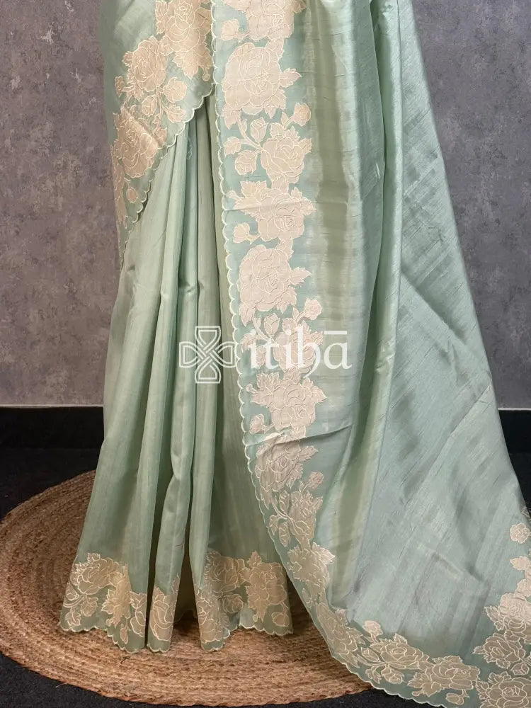 SEMI TUSSAR APPLIQUE EMBROIDERY SAREE