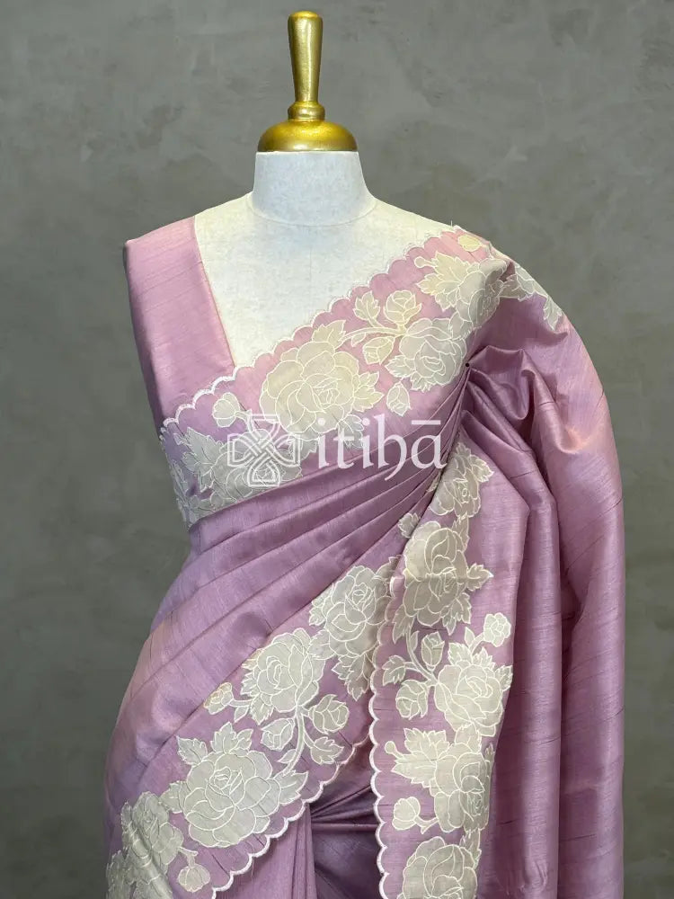 SEMI TUSSAR APPLIQUE EMBROIDERY SAREE
