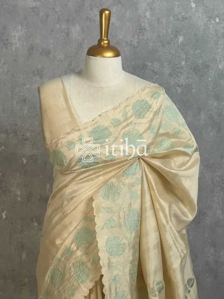 SEMI TUSSAR APPLIQUE EMBROIDERY SAREE