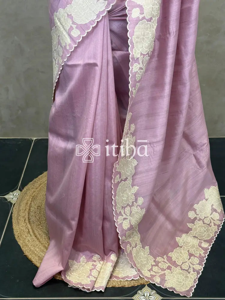 SEMI TUSSAR APPLIQUE EMBROIDERY SAREE