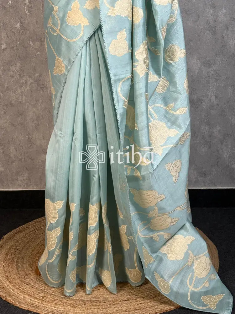 SEMI TUSSAR APPLIQUE EMBROIDERY SAREE