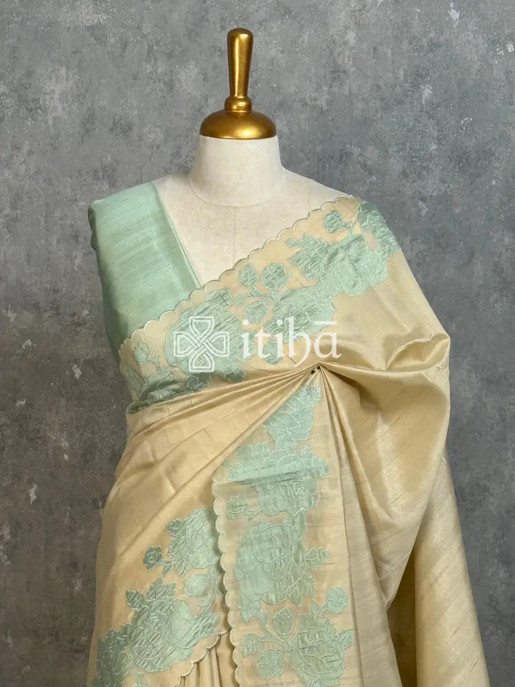 SEMI TUSSAR APPLIQUE EMBROIDERY SAREE