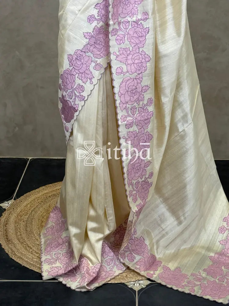 SEMI TUSSAR APPLIQUE EMBROIDERY SAREE