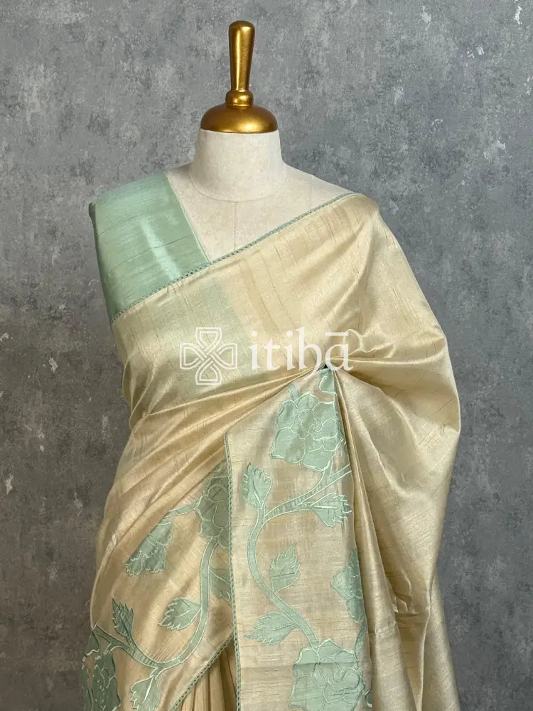 SEMI TUSSAR APPLIQUE EMBROIDERY SAREE