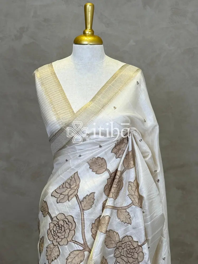 SEMI TUSSAR APPLIQUE EMBROIDERY SAREE