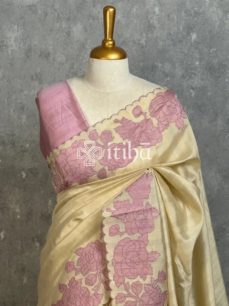 SEMI TUSSAR APPLIQUE EMBROIDERY SAREE